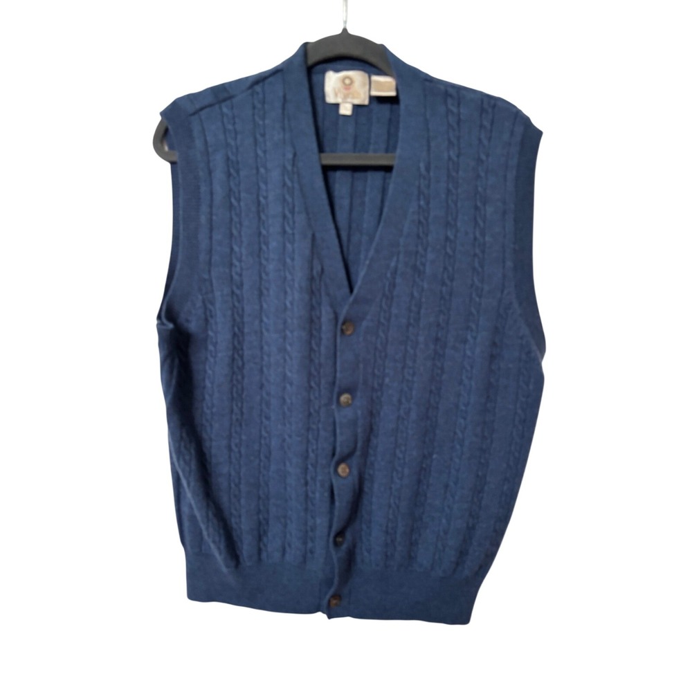 Viyella Mens Blue 100% Merino Wool Cable Knit Button Front Sweater Vest XL
